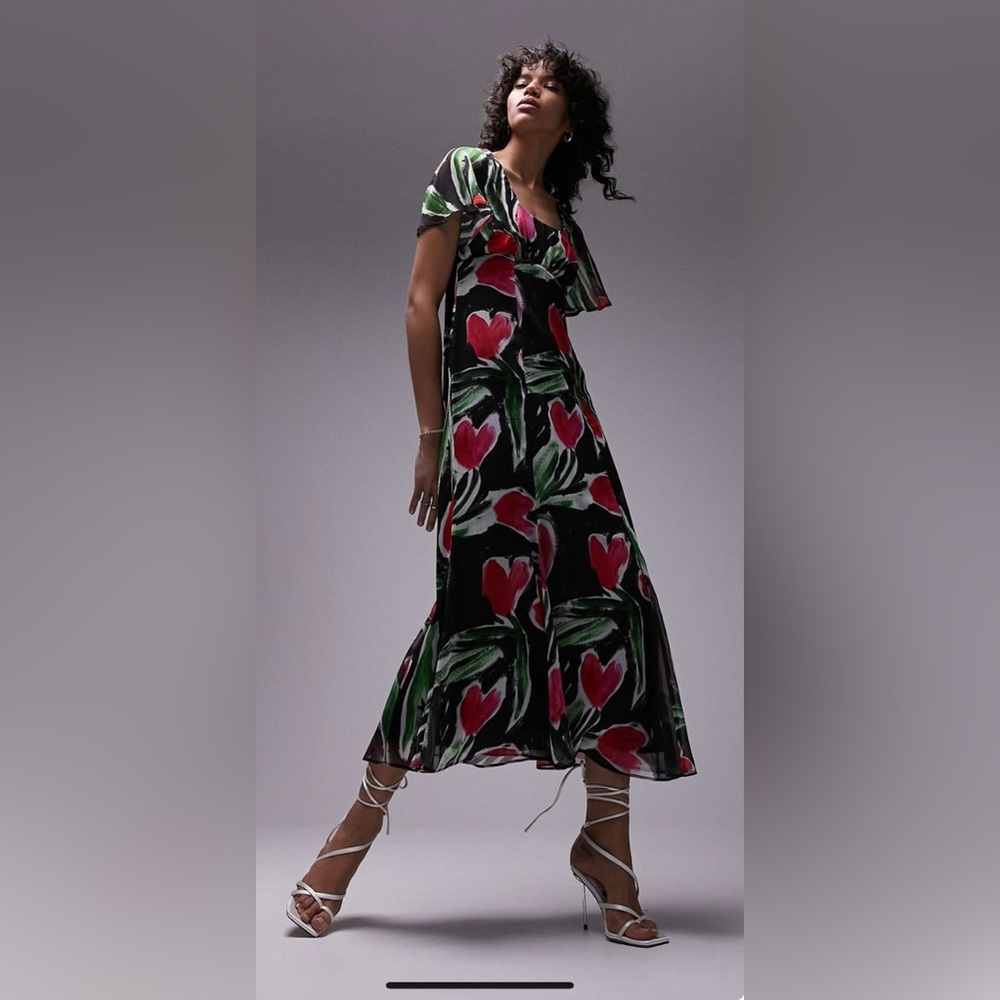 Topshop midi tea dress in red and purple floral - US 6 NWT